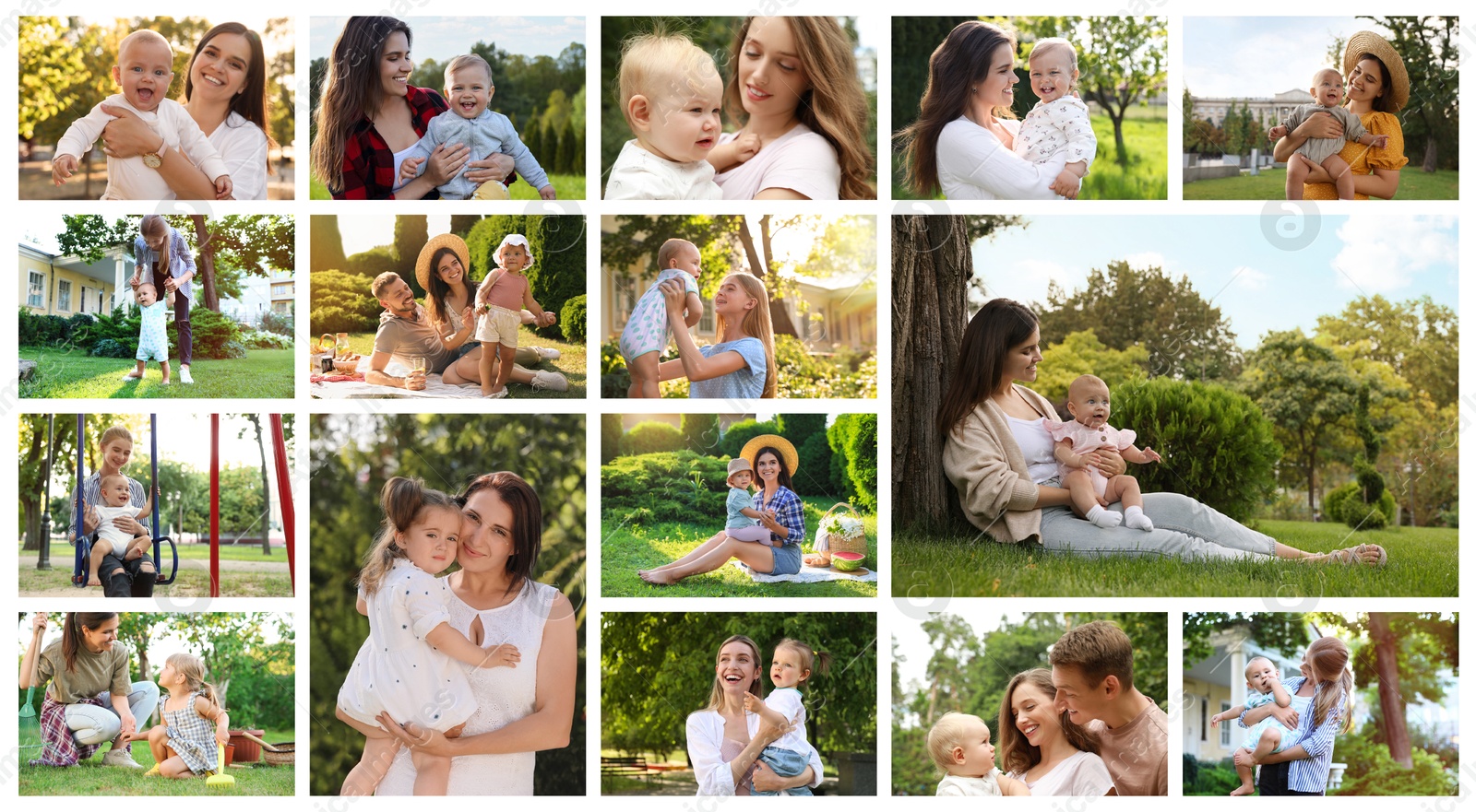 Image of Happy families spending time outdoors, photo collage