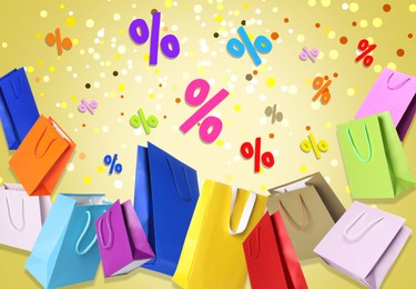 Image of Shopping bags in air and percent signs on golden background. Discount flyer design