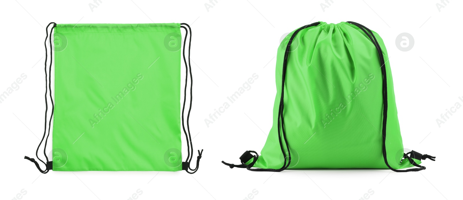 Image of Collage of empty and filled green drawstring bag isolated on white