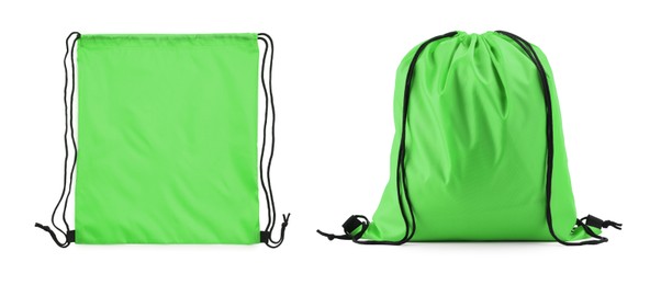 Image of Collage of empty and filled green drawstring bag isolated on white