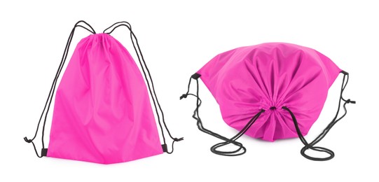 Collage of empty and filled pink drawstring bag isolated on white