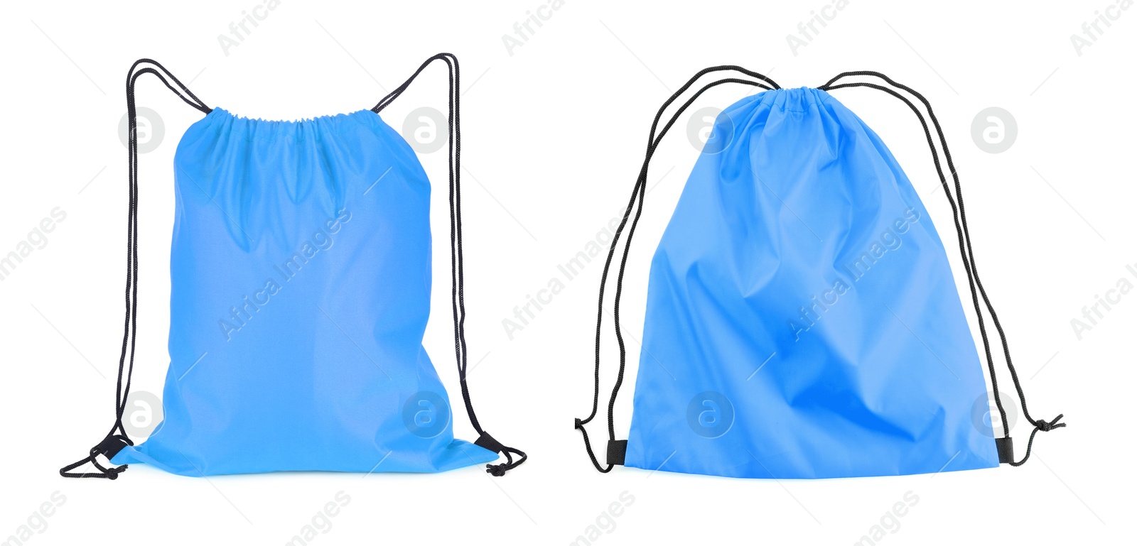 Image of Collage of empty and filled light blue drawstring bag isolated on white