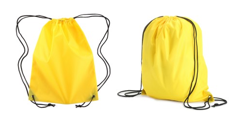 Image of Collage of empty and filled yellow drawstring bag isolated on white