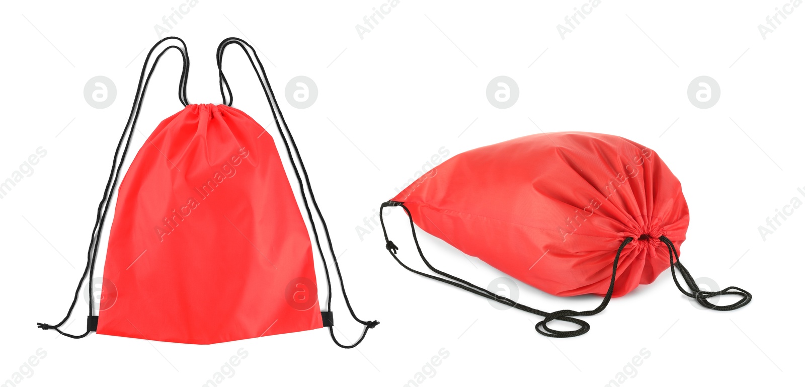 Image of Collage of empty and filled red drawstring bag isolated on white