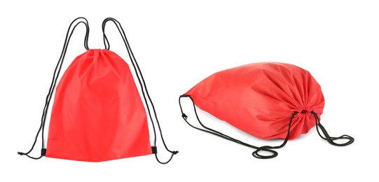 Image of Collage of empty and filled red drawstring bag isolated on white