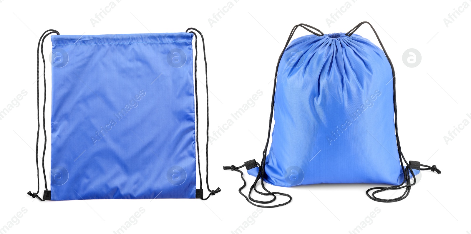 Image of Collage of empty and filled blue drawstring bag isolated on white