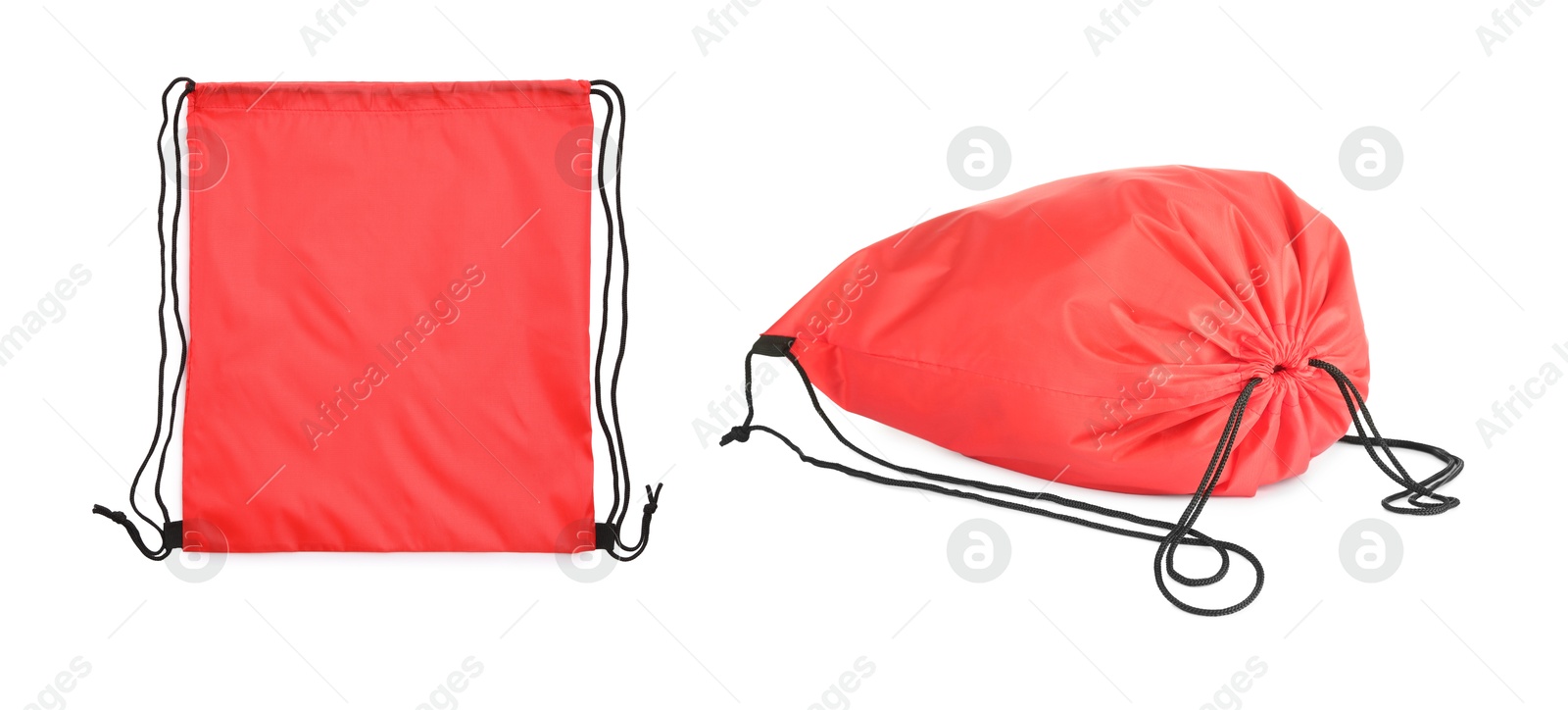 Image of Collage of empty and filled red drawstring bag isolated on white