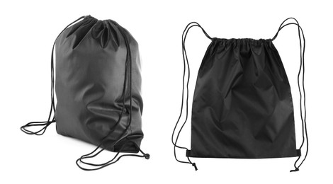 Image of Collage of empty and filled black drawstring bag isolated on white