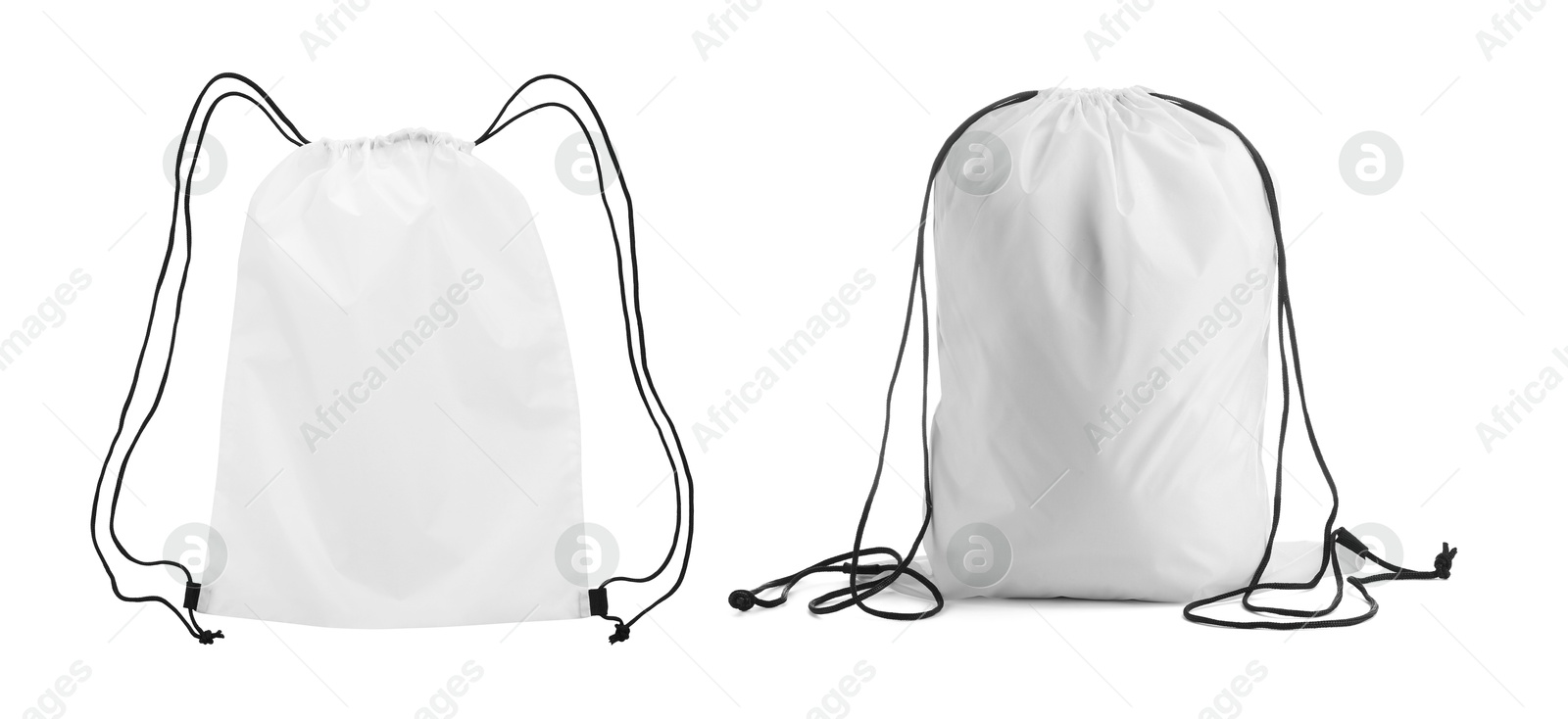 Image of Collage of empty and filled white drawstring bag isolated on white