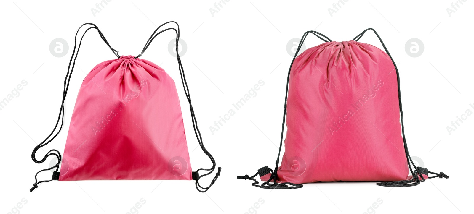 Image of Collage of empty and filled pink drawstring bag isolated on white