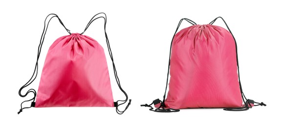 Image of Collage of empty and filled pink drawstring bag isolated on white