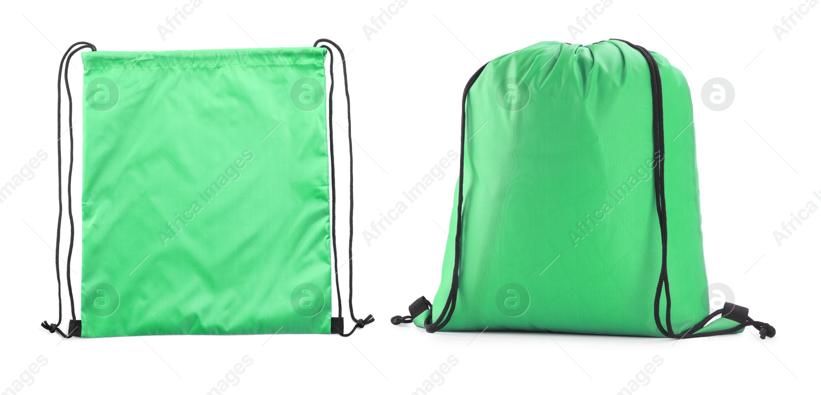 Image of Collage of empty and filled green drawstring bag isolated on white