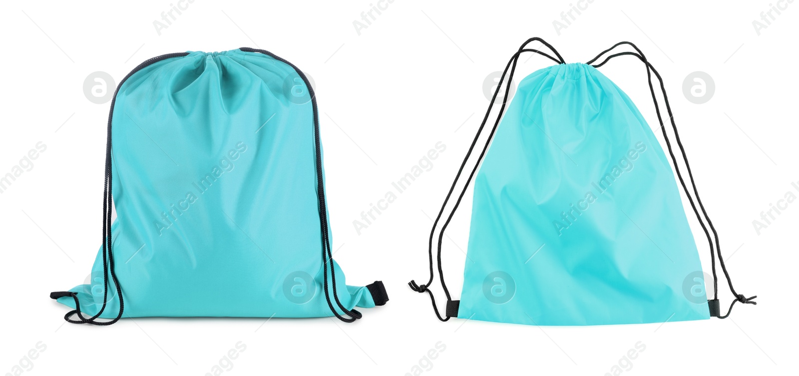 Image of Collage of empty and filled light blue drawstring bag isolated on white