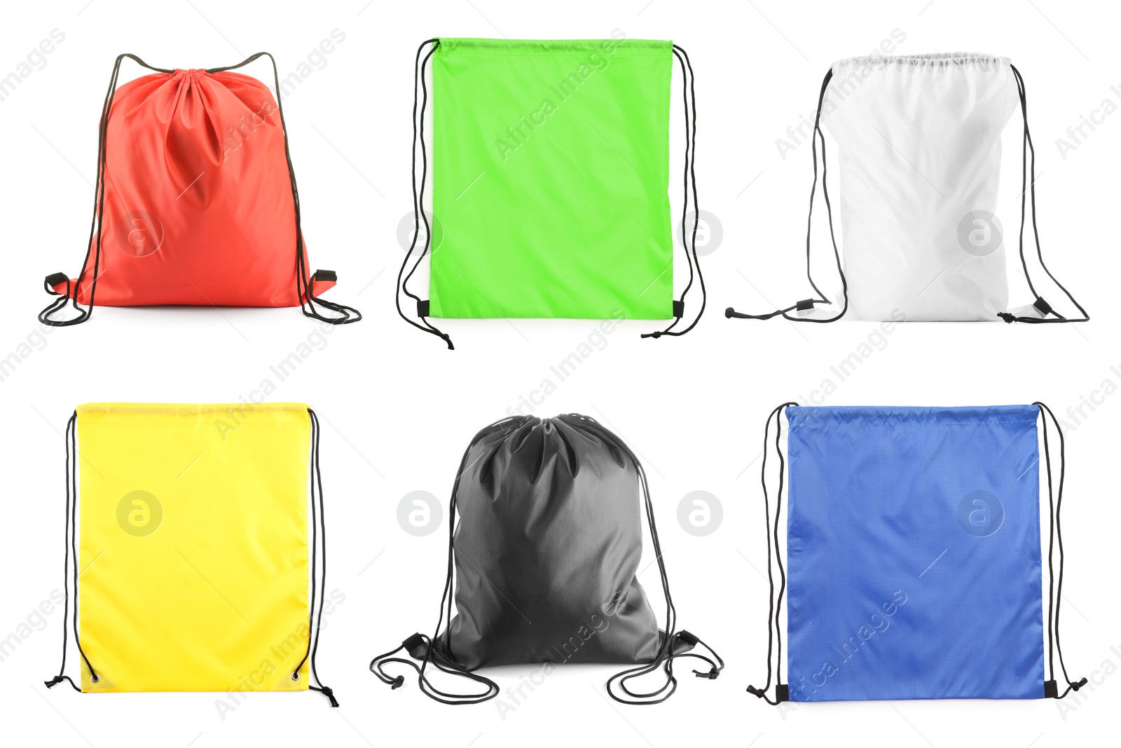 Image of Many drawstring bags of different colors isolated on white, set