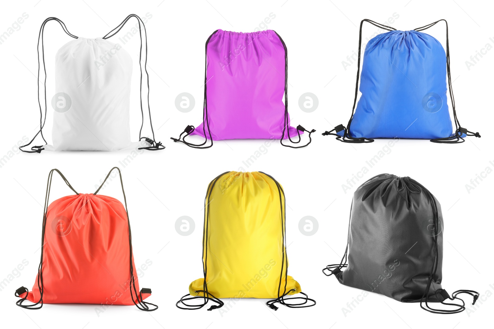 Image of Many filled drawstring bags of different colors isolated on white, set