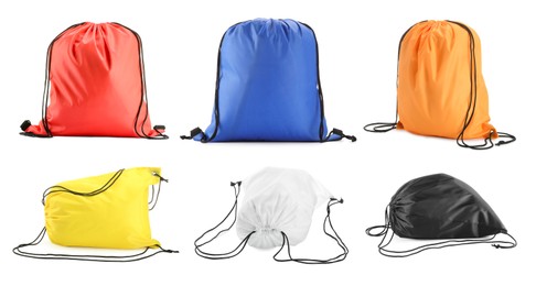 Image of Many filled drawstring bags of different colors isolated on white, set