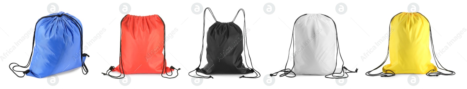 Image of Many filled drawstring bags of different colors isolated on white, set