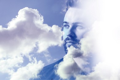 Thoughtful man and beautiful sky with clouds, double exposure