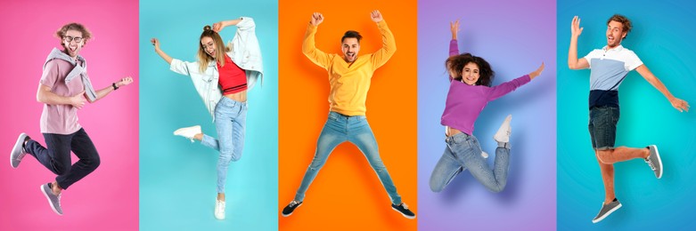 Image of Happy men and women jumping on different colors backgrounds, collage