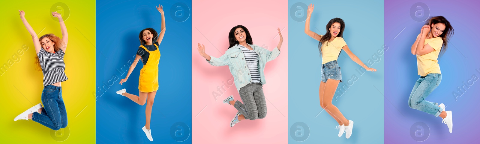 Image of Cheerful women jumping on different colors backgrounds, collage