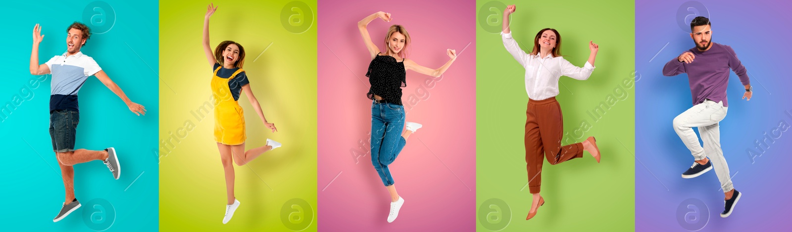 Image of Happy men and women jumping on different colors backgrounds, collage