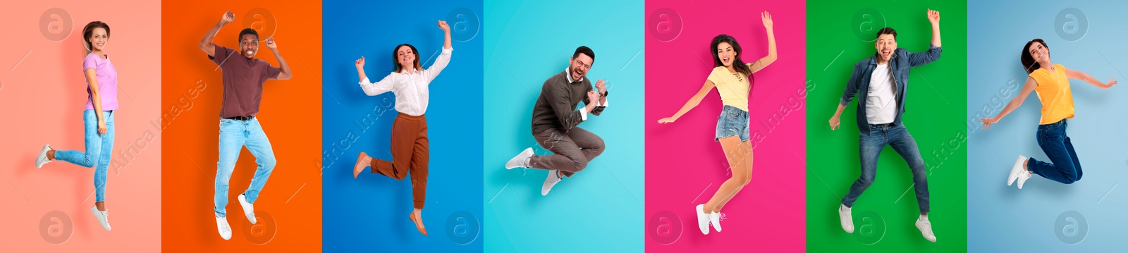 Image of Happy men and women jumping on different colors backgrounds, collage