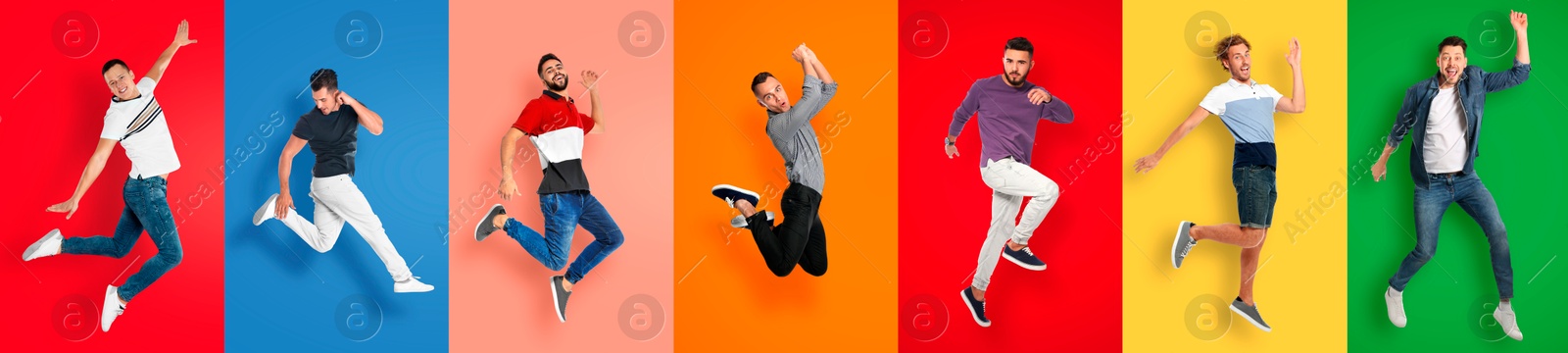 Image of Joyful men jumping on different colors backgrounds, collage