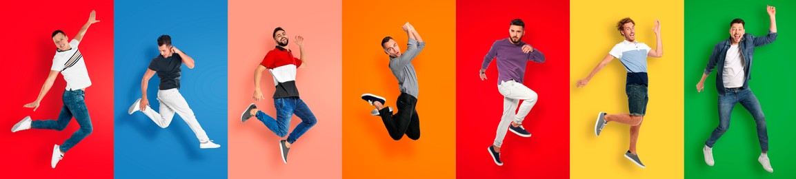 Image of Joyful men jumping on different colors backgrounds, collage