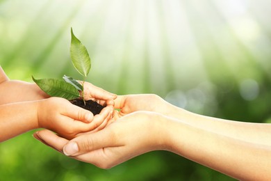 Image of Woman and her child holding soil with green plant in hands against blurred background. Environment protection
