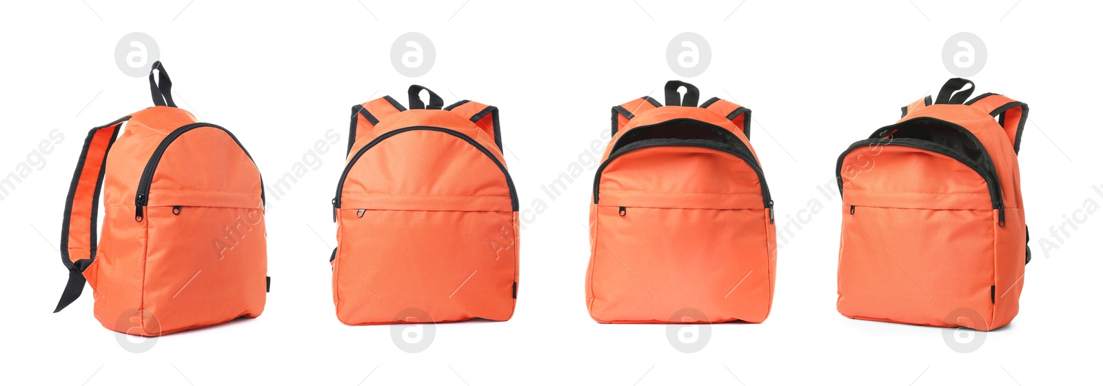 Bright orange backpack isolated on white, view from different sides Image of Bright orange backpack isolated on white, view from different sides