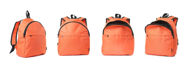 Image of Bright orange backpack isolated on white, view from different sides