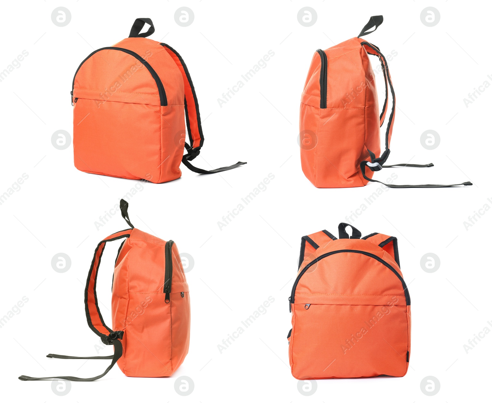 Bright orange backpack isolated on white, view from different sides Image of Bright orange backpack isolated on white, view from different sides