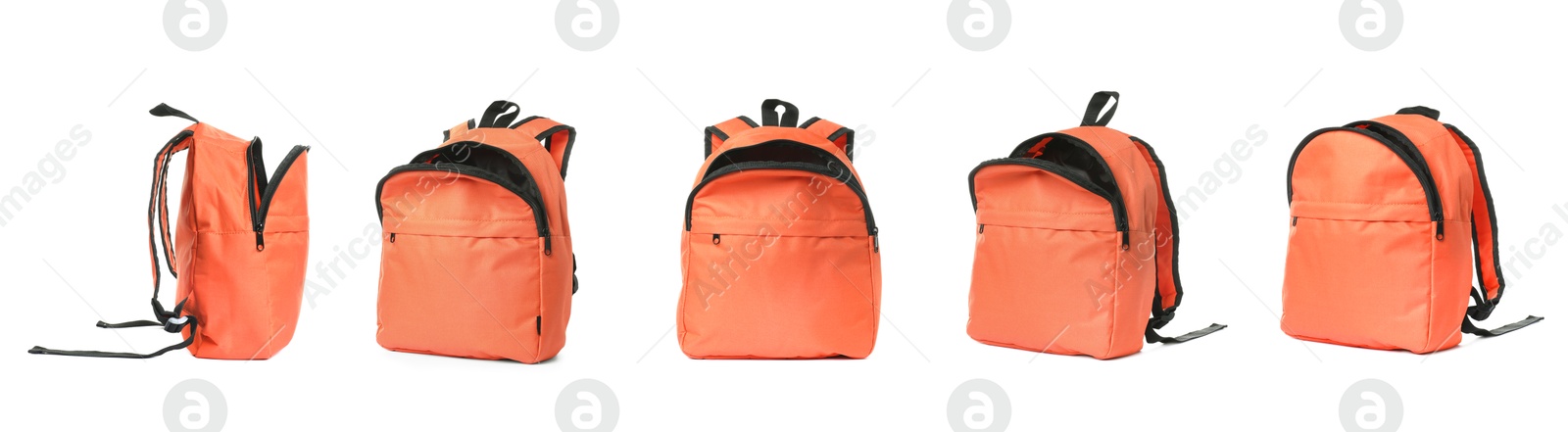 Bright orange backpack isolated on white, view from different sides Image of Bright orange backpack isolated on white, view from different sides