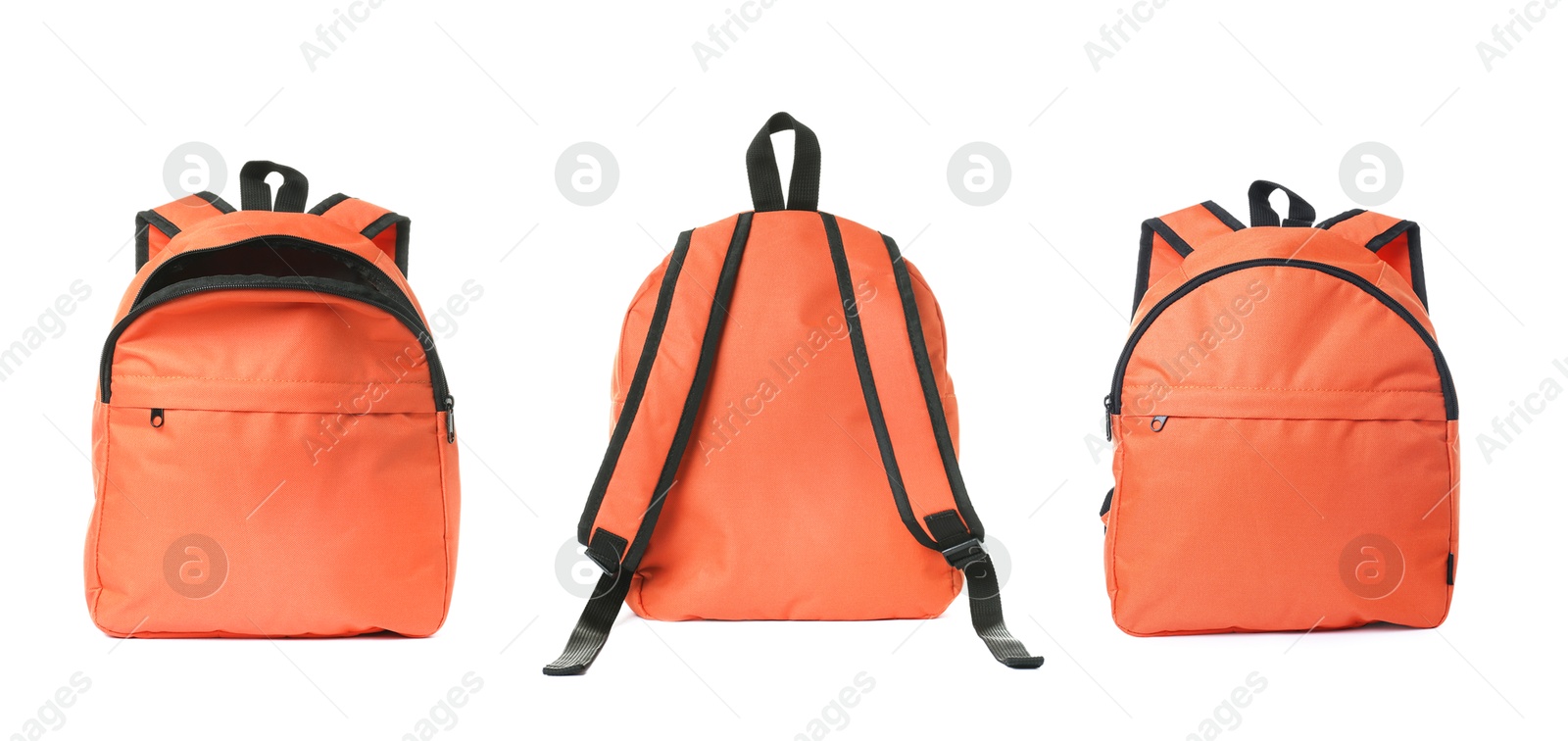 Bright orange backpack isolated on white, view from different sides Image of Bright orange backpack isolated on white, view from different sides
