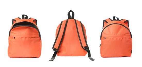 Image of Bright orange backpack isolated on white, view from different sides