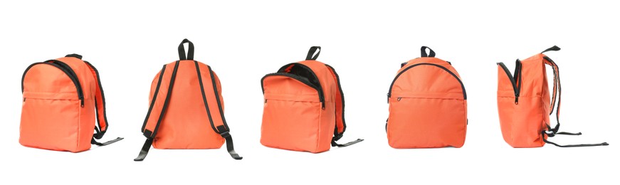Image of Bright orange backpack isolated on white, view from different sides