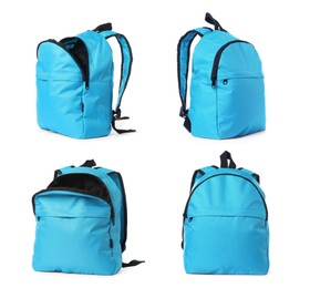 Image of Light blue backpack isolated on white, view from different sides