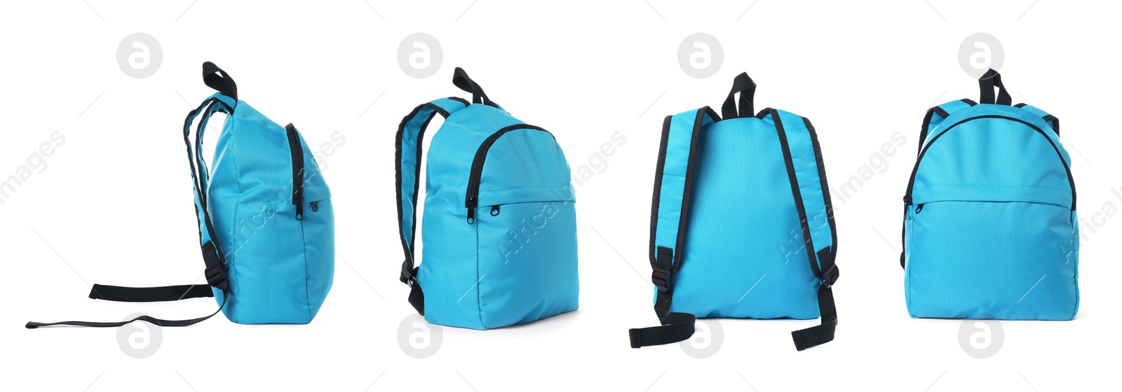 Image of Light blue backpack isolated on white, view from different sides