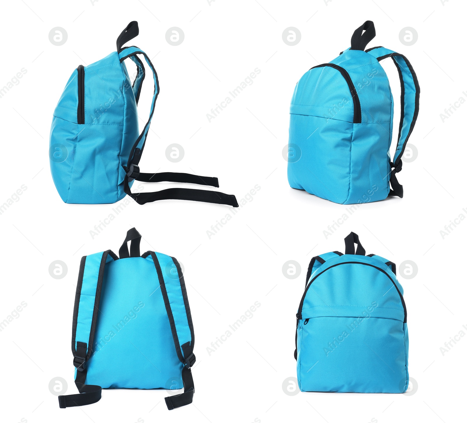 Light blue backpack isolated on white, view from different sides Image of Light blue backpack isolated on white, view from different sides