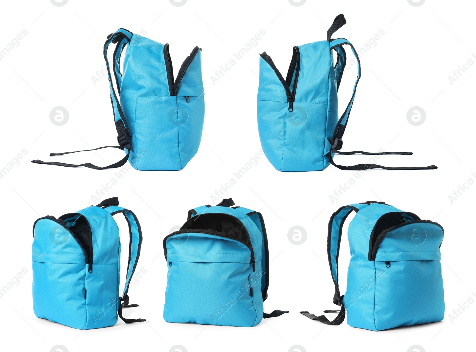 Light blue backpack isolated on white, view from different sides Image of Light blue backpack isolated on white, view from different sides