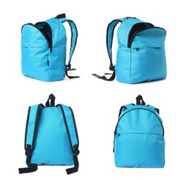 Image of Light blue backpack isolated on white, view from different sides