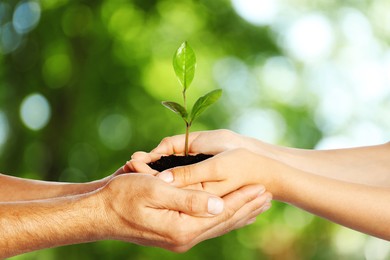 Image of Woman and man holding soil with green plant in hands against blurred background. Environment protection