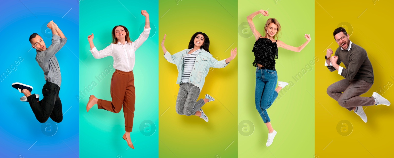 Image of Happy men and women jumping on different colors backgrounds, collage