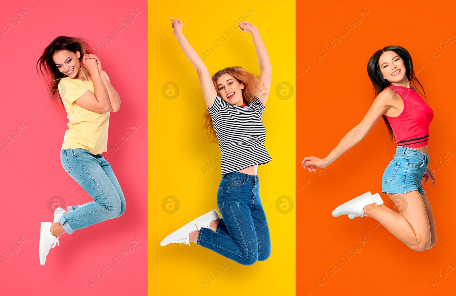 Image of Cheerful women jumping on different colors backgrounds, collage