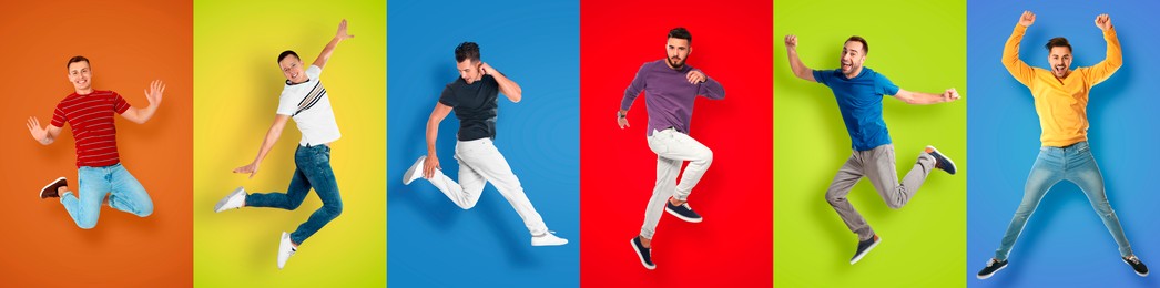 Image of Joyful men jumping on different colors backgrounds, collage