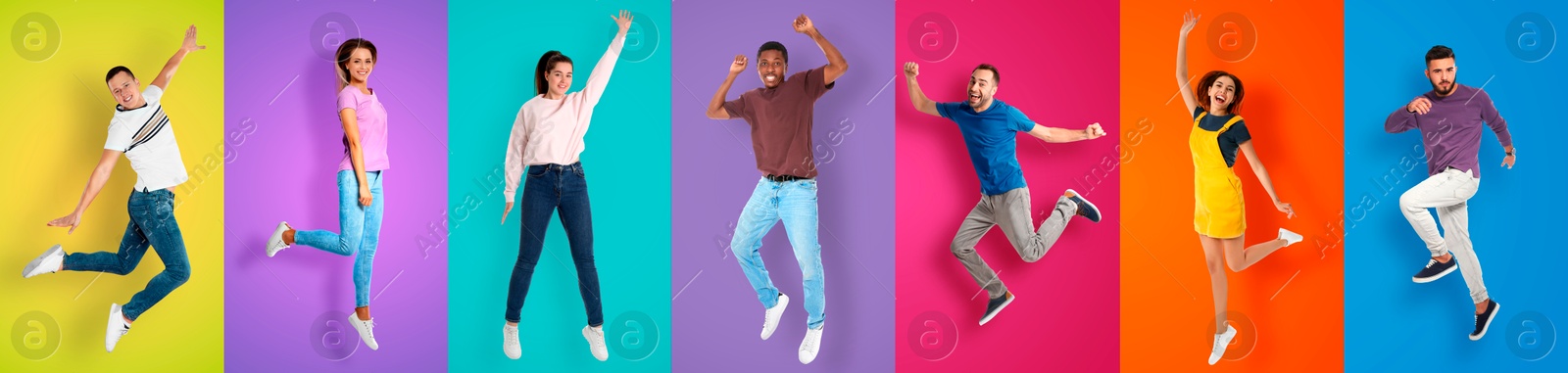 Image of Happy men and women jumping on different colors backgrounds, collage