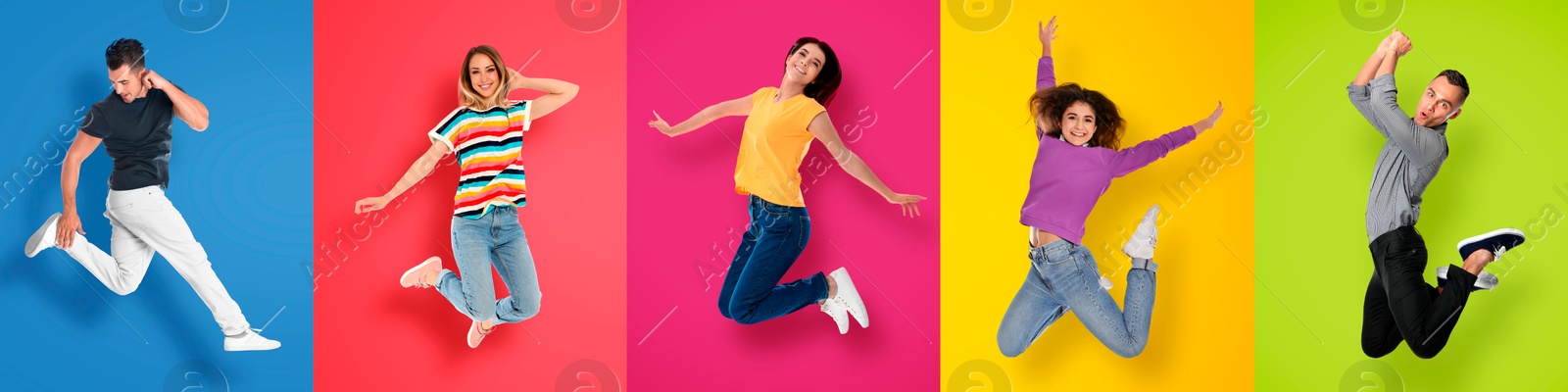 Image of Happy men and women jumping on different colors backgrounds, collage