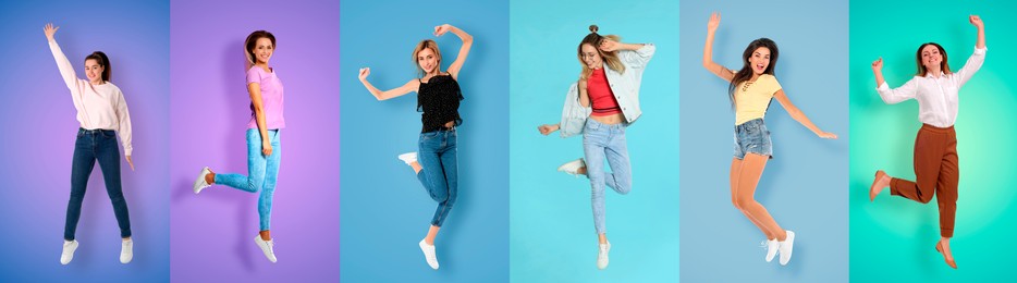 Image of Cheerful women jumping on different colors backgrounds, collage