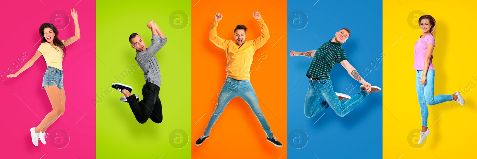 Image of Happy men and women jumping on different colors backgrounds, collage