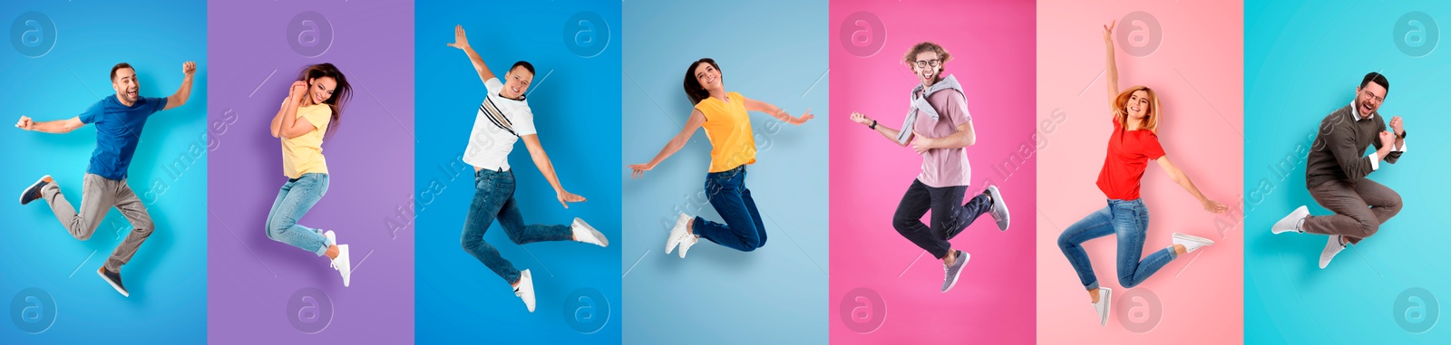 Image of Happy men and women jumping on different colors backgrounds, collage